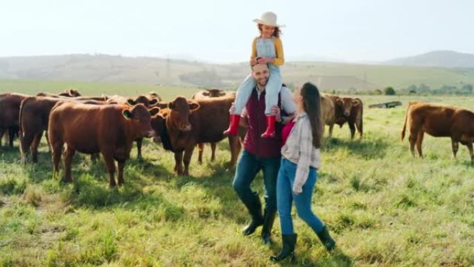 家庭、农场和农业，有一个女孩，母亲和父亲带着奶牛在草地上散步。农民，可持续性和田地，男人，女人和女儿