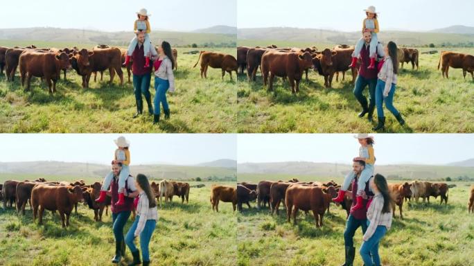 家庭、农场和农业，有一个女孩，母亲和父亲带着奶牛在草地上散步。农民，可持续性和田地，男人，女人和女儿