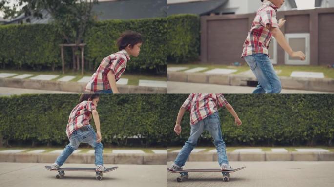 时髦男孩在城市里玩滑板。
