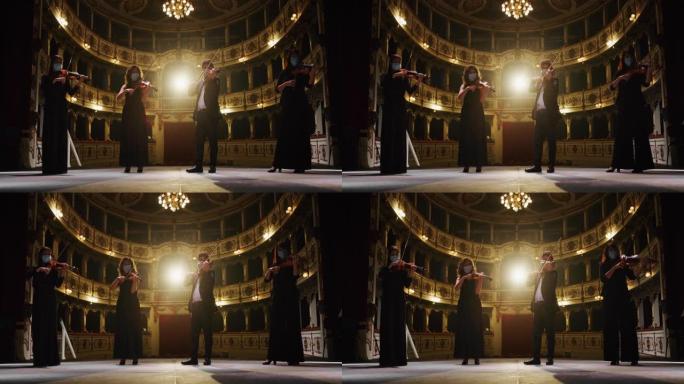 交响乐团的电影特写镜头，表演者戴着医用防护面具演奏小提琴