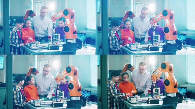 孩子们正在和他们的老师一起学习机器人。科学、技术概念。