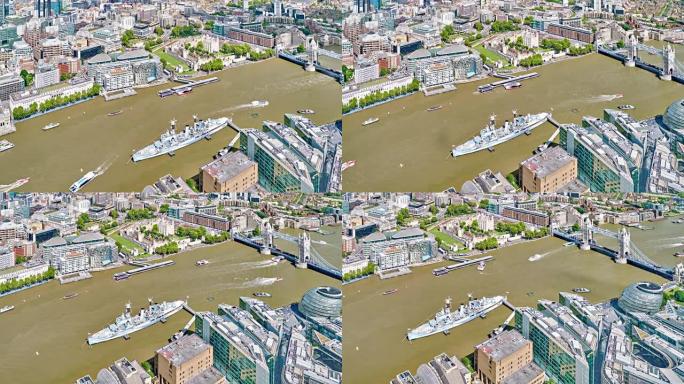 伦敦和塔桥的鸟瞰图。河里的大型游船