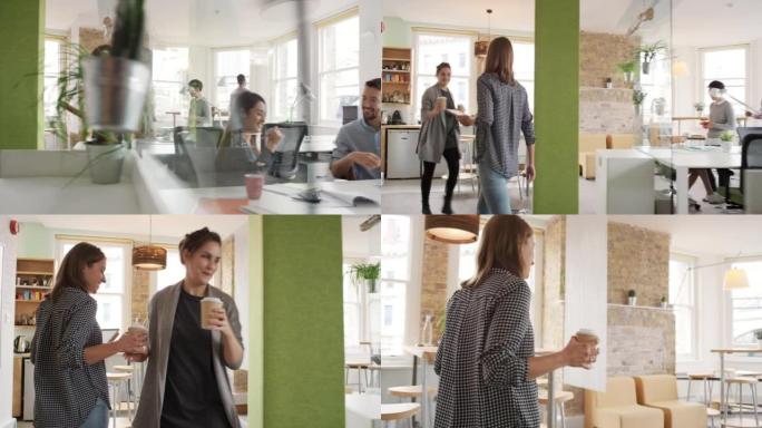 一名女商人离开会议在办公室厨房喝咖啡的4k视频片段