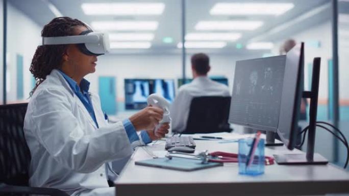 未来医疗医院: 戴着虚拟现实耳机的黑人女性神经外科医生使用控制器用医疗机器人远程操作病人。MRI图像