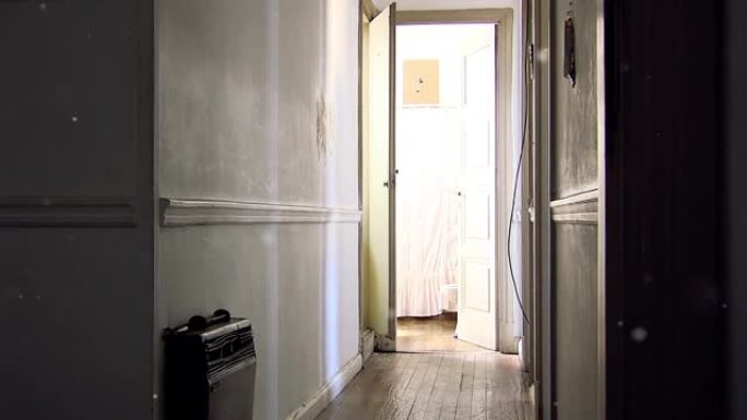 在一个旧的空公寓里，走廊和打开的浴室门。
