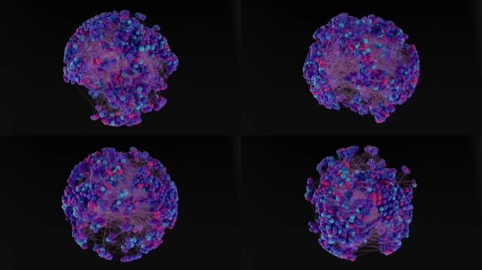 蓝色和粉红色渐变的3D球体的粒子神经网络。