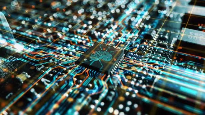 未来技术概念可视化: 主板CPU处理器微芯片启动神经网络和云数据的数字化。数字线路连接成人工智能符号