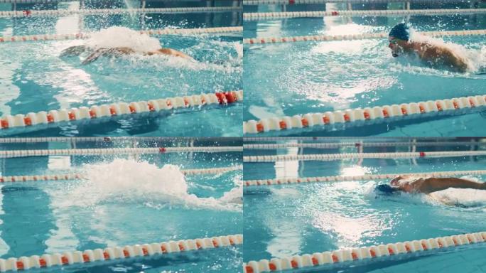 男子游泳比赛成功，在奥林匹克游泳池游泳。职业运动员决心用蝶式赢得冠军。彩色电影镜头。侧视图跟踪慢动作