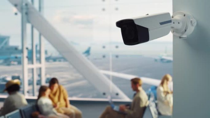 机场航站楼: 未来派人工智能大数据分析监控摄像头，确保人们的安全。背景: 多元化的多种族人群在航空枢