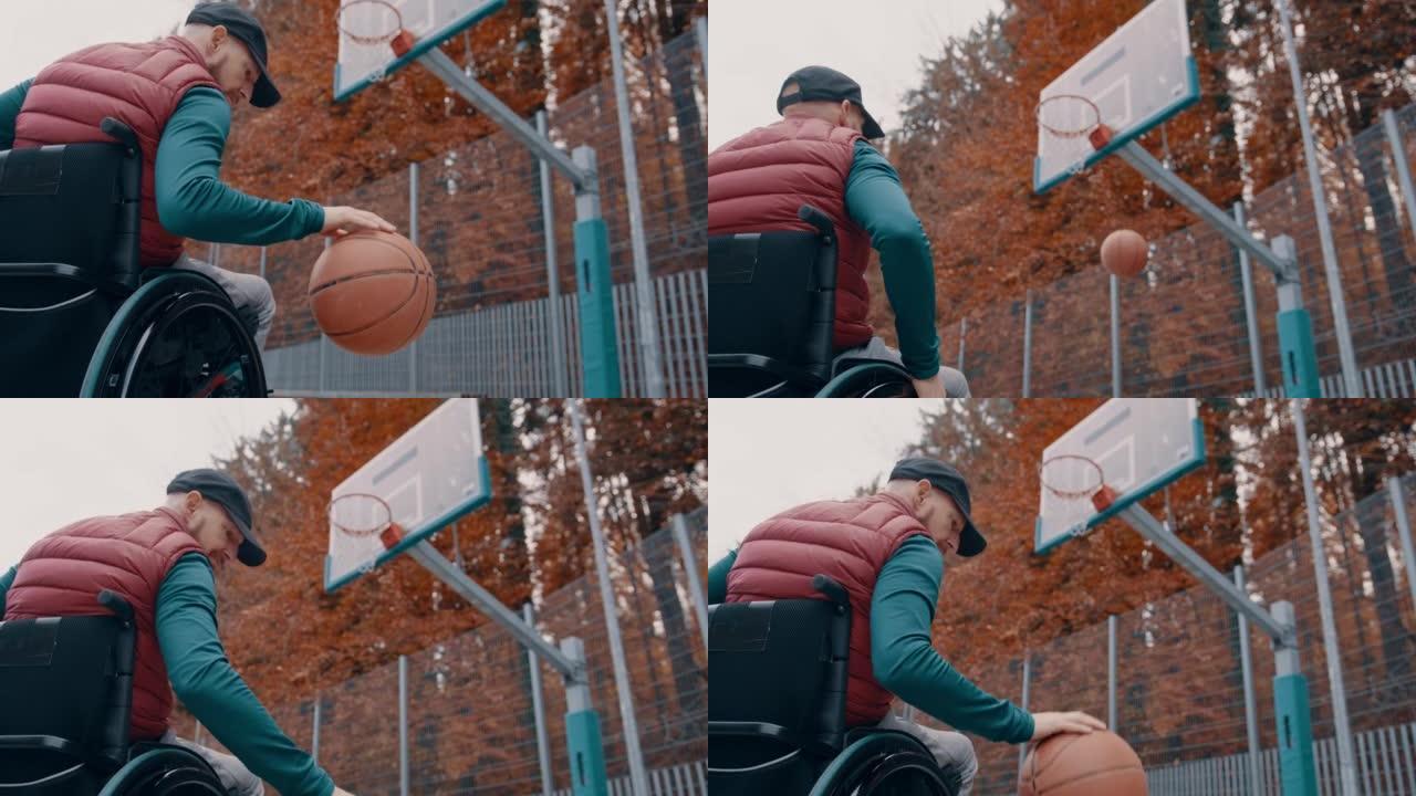 坐在轮椅上的男子在篮球场上运球