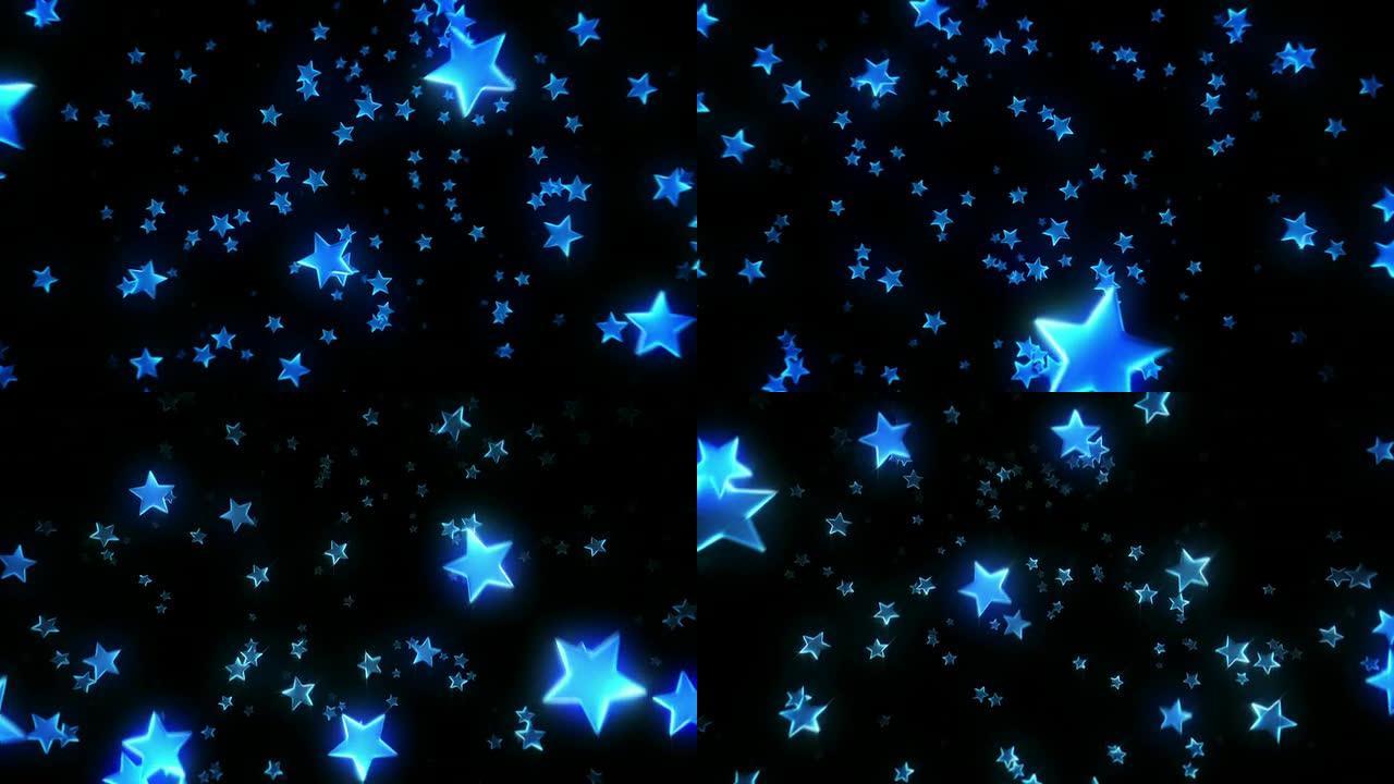 五颜六色的星星经过。蓝色。可循环。3D动画。