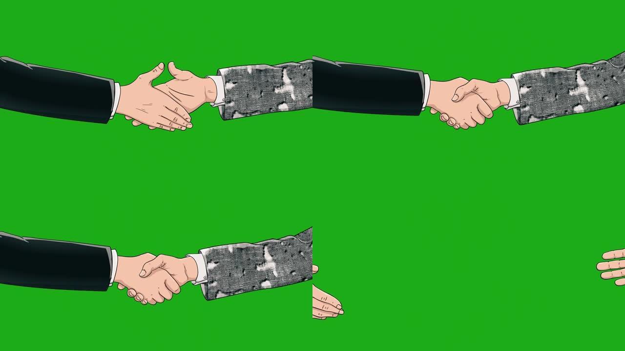 绿色背景，色度键，握手概念，商业协议，政治，会议，国际友好关系，外交官握手，和平贸易政策