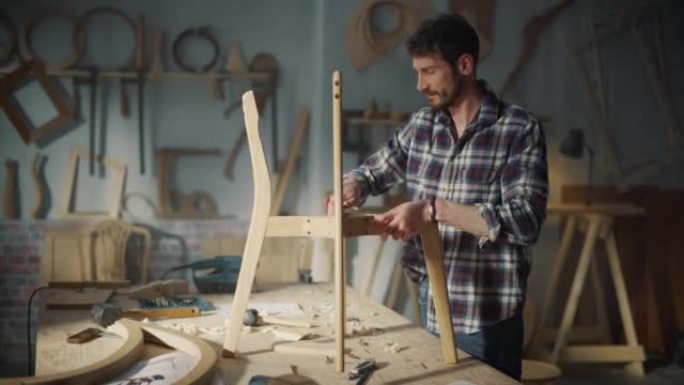 一位年轻木匠看着蓝图并开始组装木椅的肖像。专业家具设计师在阁楼空间的工作室工作，墙壁上有工具。