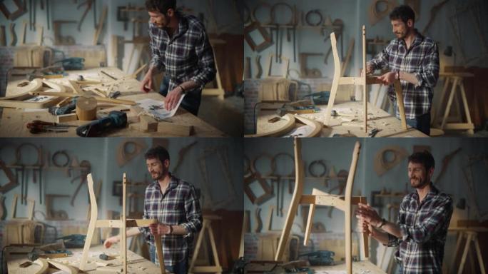 一位年轻木匠看着蓝图并开始组装木椅的肖像。专业家具设计师在阁楼空间的工作室工作，墙壁上有工具。