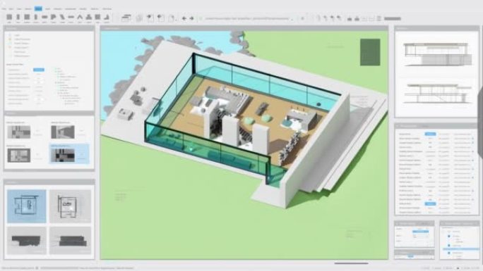 带有室内设计的私人乡间别墅项目的建筑3D软件模拟动画。计算机显示器和笔记本电脑屏幕的灰色界面模板。