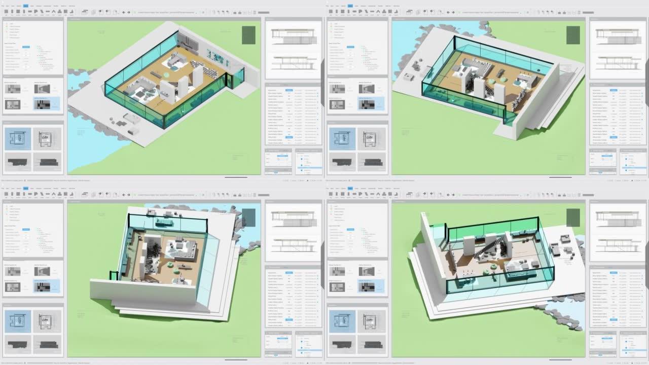 带有室内设计的私人乡间别墅项目的建筑3D软件模拟动画。计算机显示器和笔记本电脑屏幕的灰色界面模板。