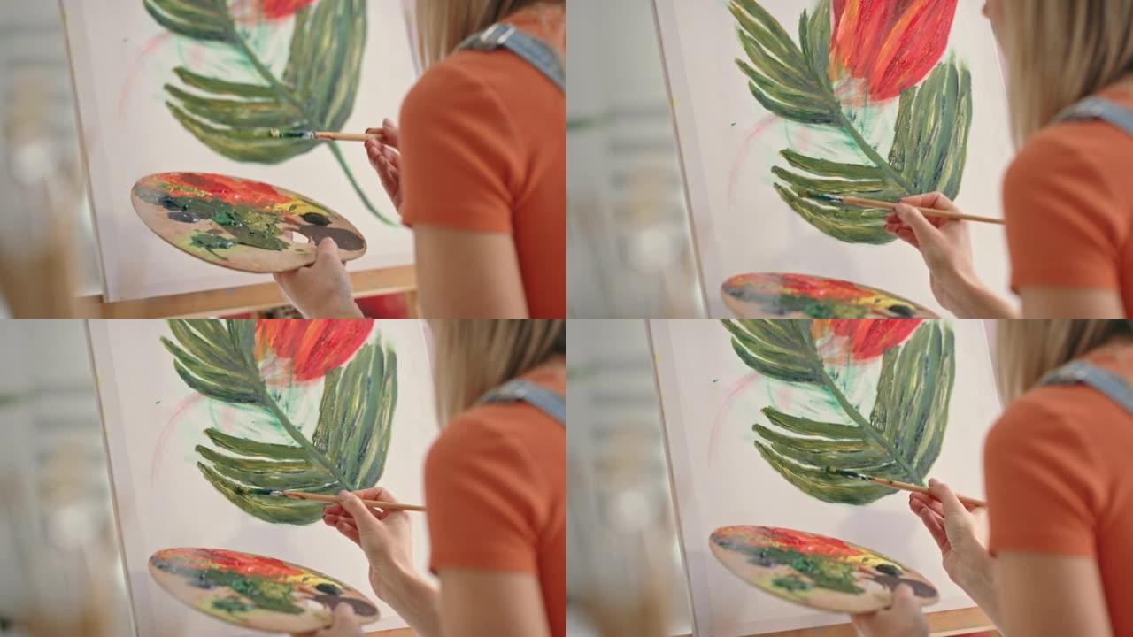 艺术家在家庭工作室的画架上用画笔在画布上绘画画布。创造性的画家和女人使用调色板上的油画或丙烯酸颜料。