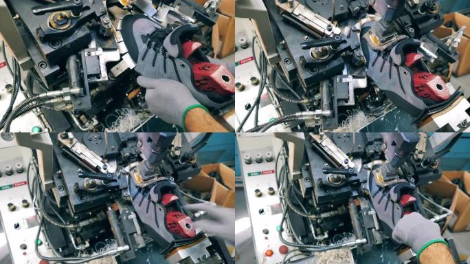 在鞋类工厂使用制鞋机的工厂工人。特写