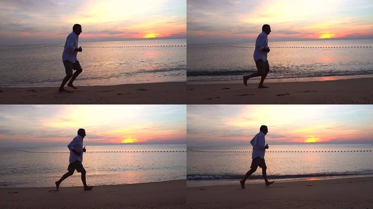 一位老人在黎明时在沙滩上奔跑反映出他的力量即使到了老年，健康也是一个重要问题。