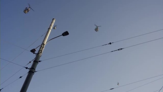 交付无人机在城市的电力线上空飞行