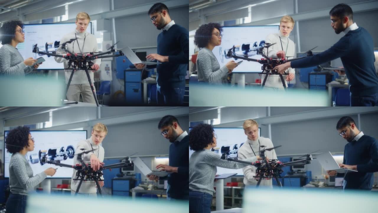 多样化的工程师在使用笔记本电脑时集思广益。高加索男性设置无人机。同事建造、配置和测试无人机。渐进式技