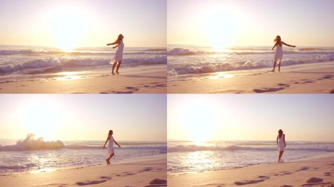 4k视频片段，一名妇女在海滩上度过了一天