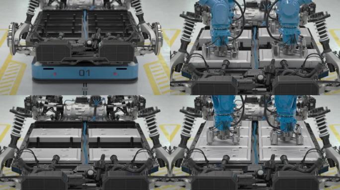 机器人组装电动汽车电池模块的特写