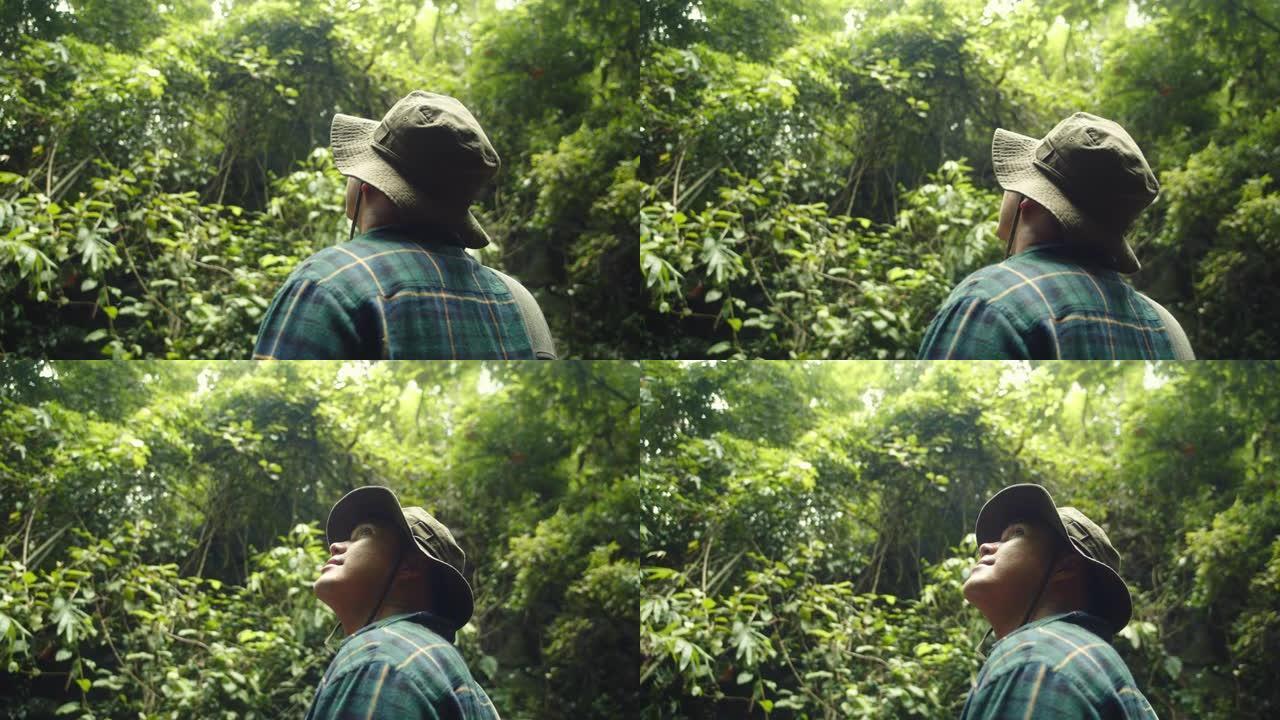 Slo mo: 亚洲游客在森林中寻找大自然。