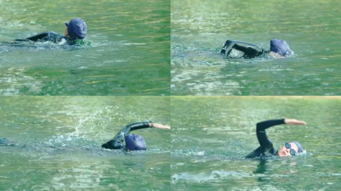 女人在湖里游泳极限冲浪水上运动员海上运动