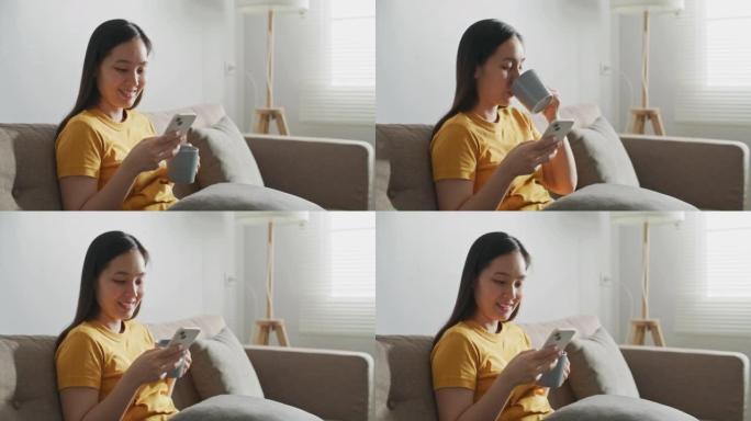 亚洲女性在家中使用智能手机