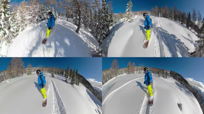 自拍照: 在朱利安·阿尔卑斯山 (Julian Alps) 活跃度假的滑雪者将新鲜的粉末雪切碎。