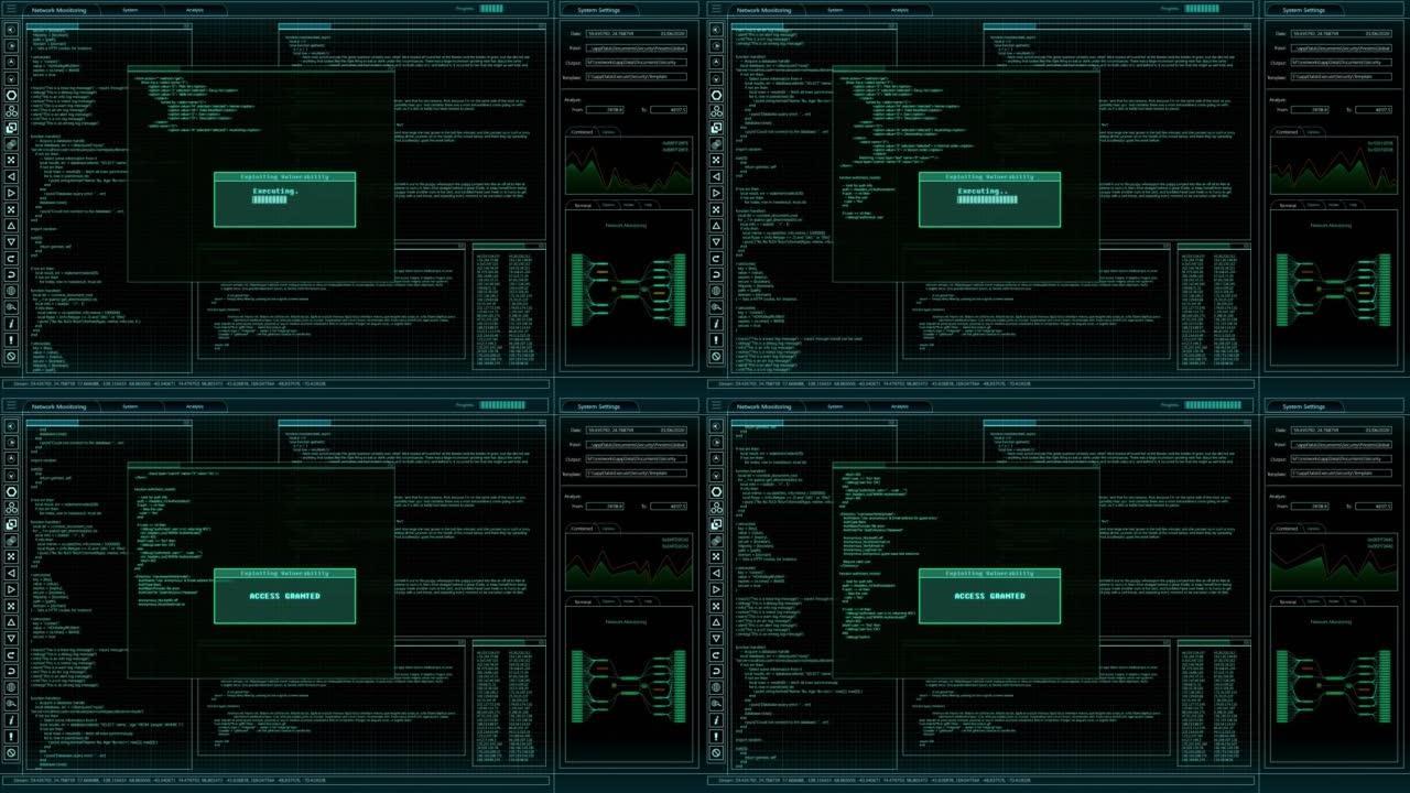 软件后端模型与软件加载屏幕动画。具有多个窗口的暗项目监控界面。计算机显示器和笔记本电脑屏幕的模板。