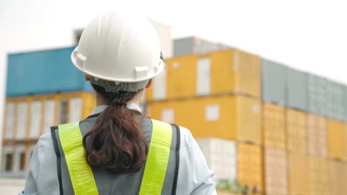集装箱港口工人女工程师背影视频素材