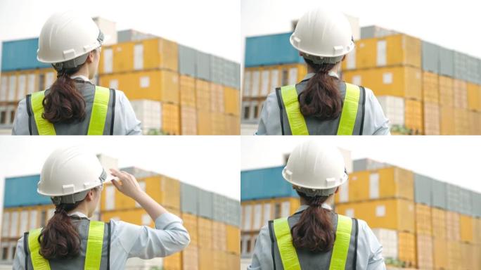 集装箱港口工人女工程师背影视频素材