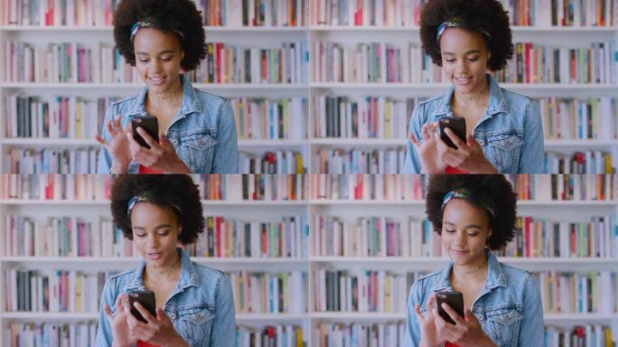 电话、社交媒体和一名黑人女性学生在大学校园的教育或发展图书馆。与女学生在书店学习的移动，交流和学习