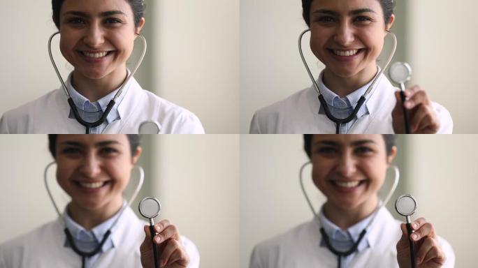 印度医生展示了用于心跳检查的听诊器，特写