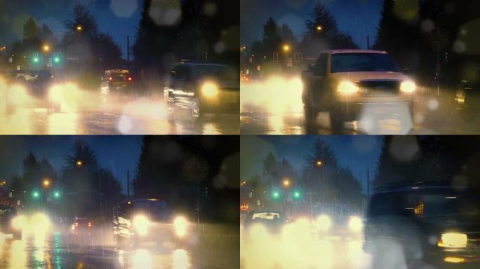 傍晚，雨水在繁忙的城市道路上撞到相机