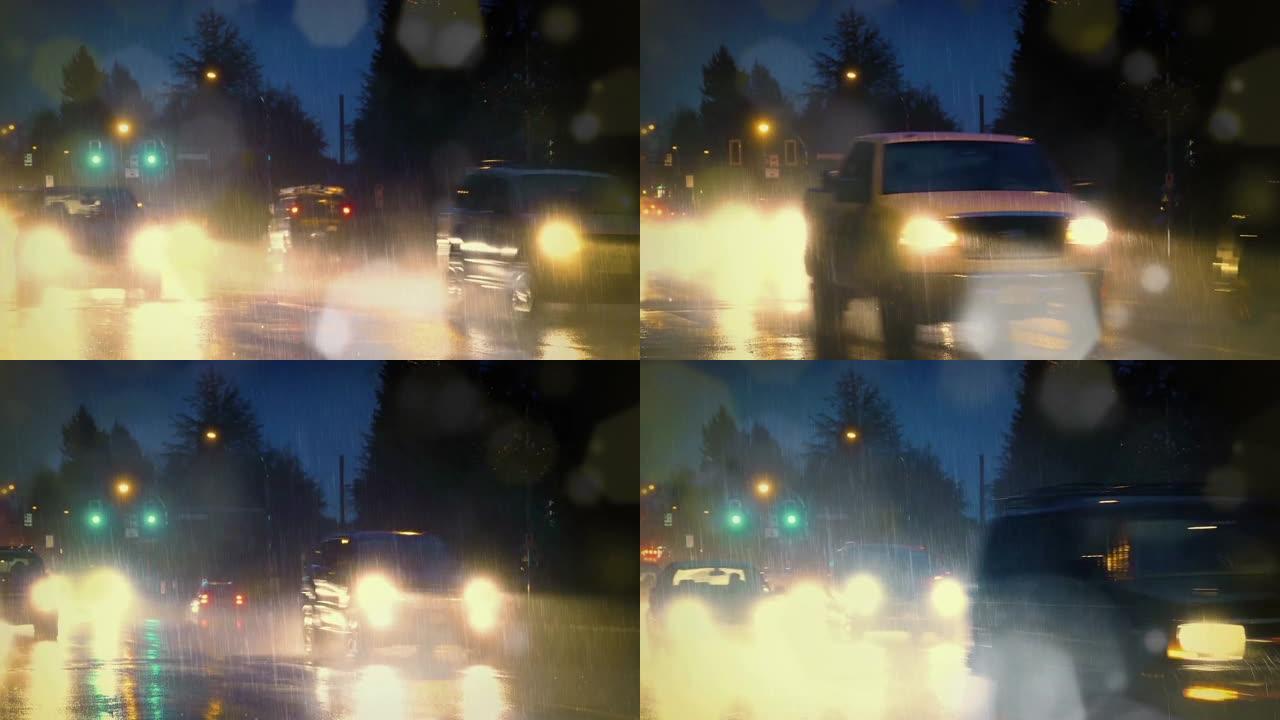 傍晚，雨水在繁忙的城市道路上撞到相机