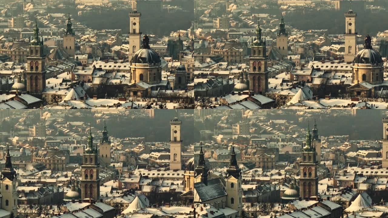 乌克兰冬季利沃夫的空中早晨远程拍摄。利沃夫历史城市中心天际线