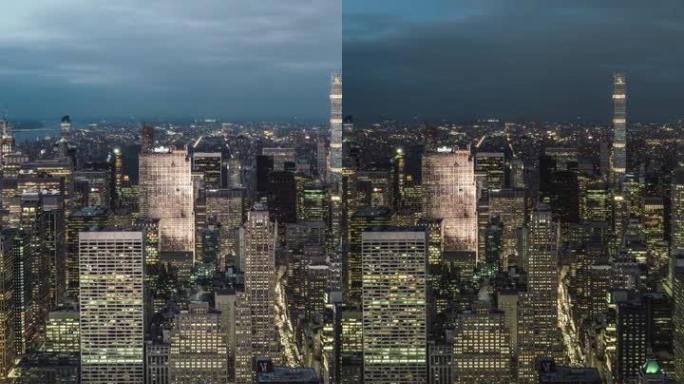 曼哈顿天际线的T/L鸟瞰图，从黄昏到夜晚/纽约