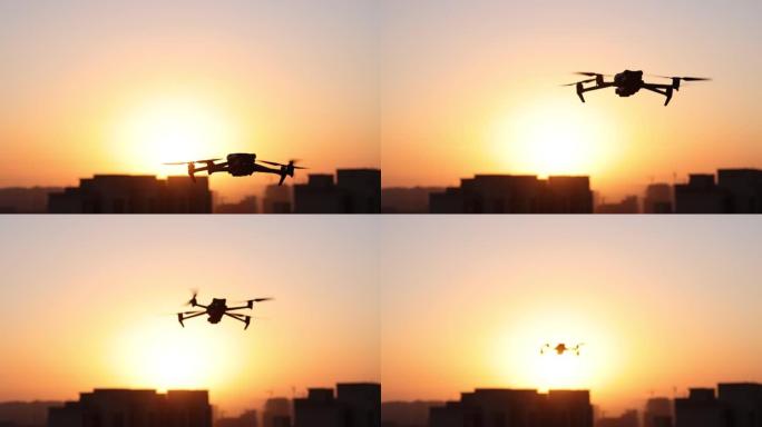 无人机在日落时在天空中飞行