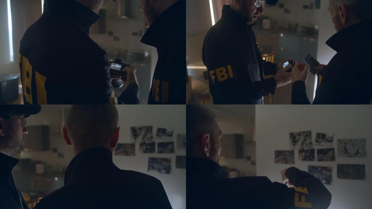 在一间挂着照片的黑漆漆的房间里，身穿制服的FBI探员正在看他们用相机拍下的照片