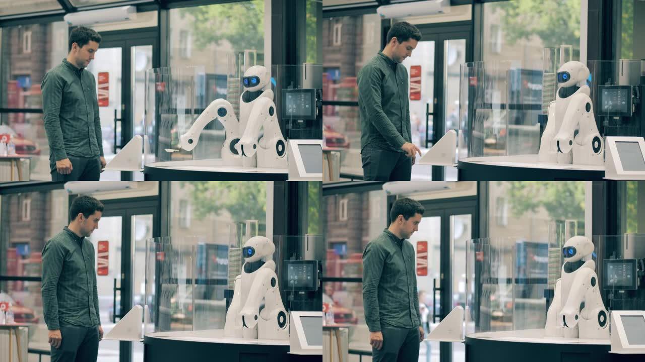 咖啡服务机器人在等待客户时正在移动手臂