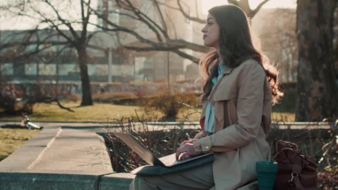 灵感概念快乐宁静的女作家，博客作者使用笔记本电脑无线互联网应用程序在日落公园慢动作。