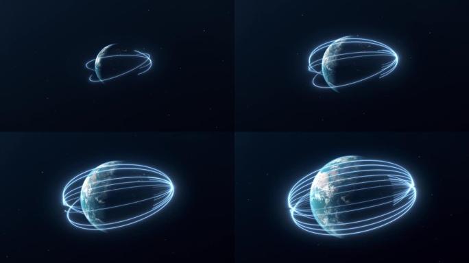 围绕地球形成的蓝色发光能量线