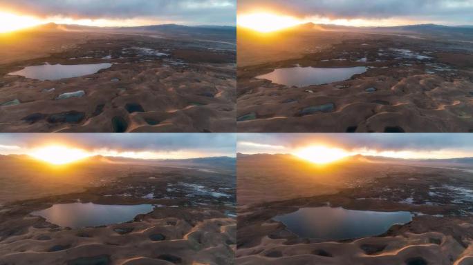 沙漠湖日出的航拍照片