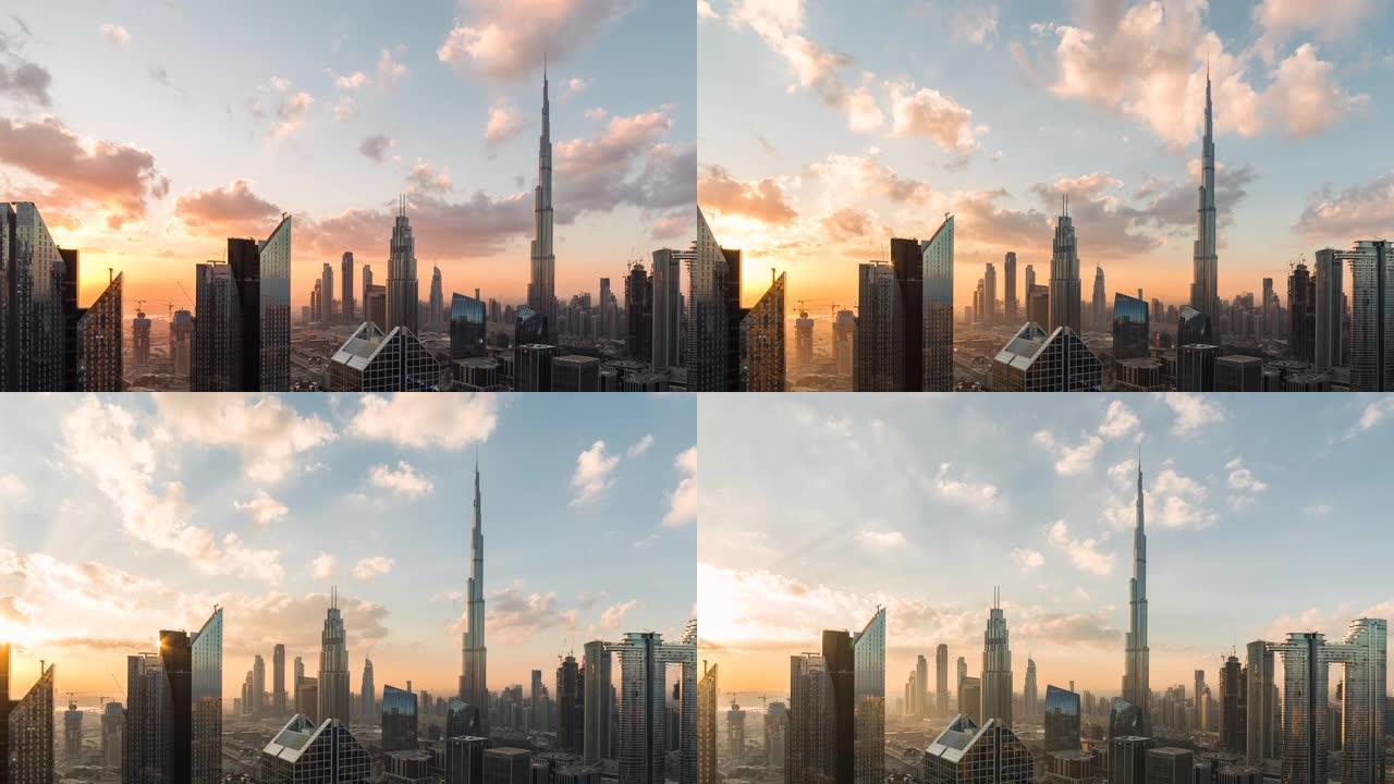迪拜天际线日出时的T/L平底锅鸟瞰图/迪拜，阿联酋