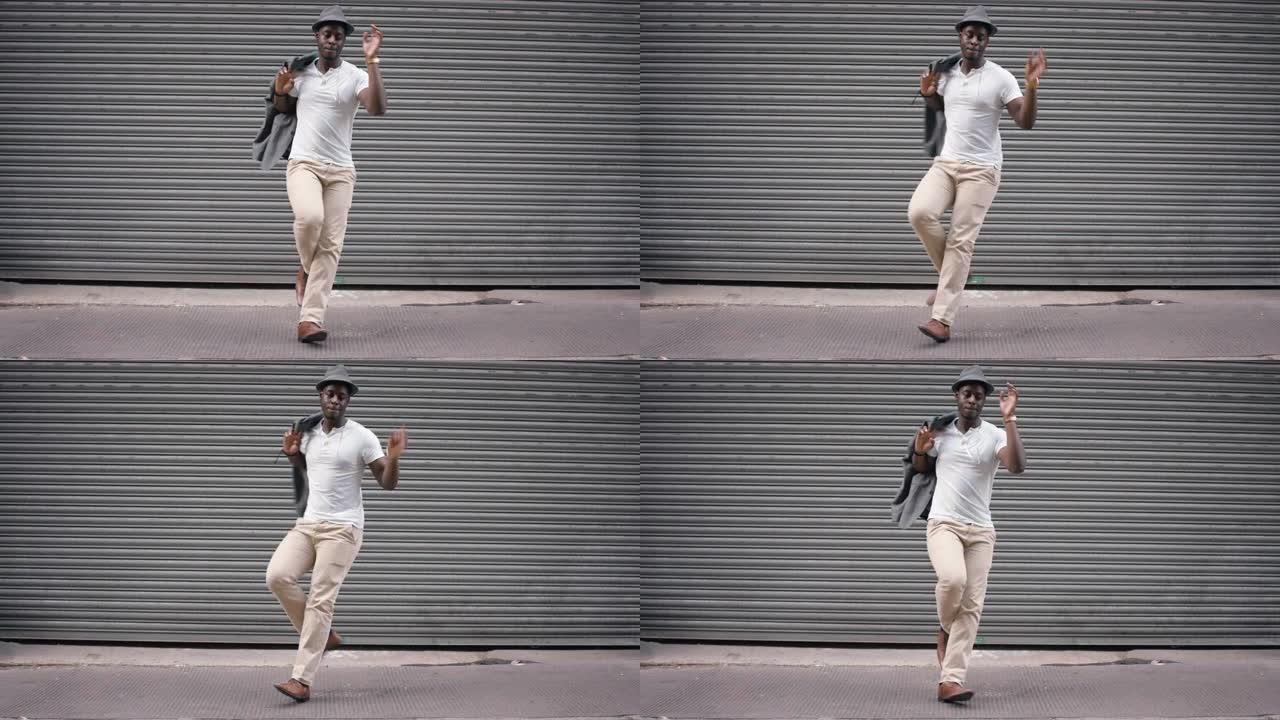 舞蹈循环非裔美国人在街上跳舞，用有趣的舞蹈庆祝4k