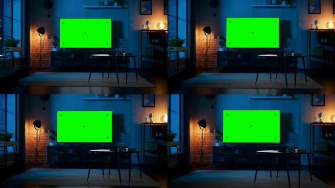 时尚的阁楼公寓内部配有电视，绿屏模拟显示器站在电视柜上。家里空荡荡的客厅，显示器上有色度键占位符。放