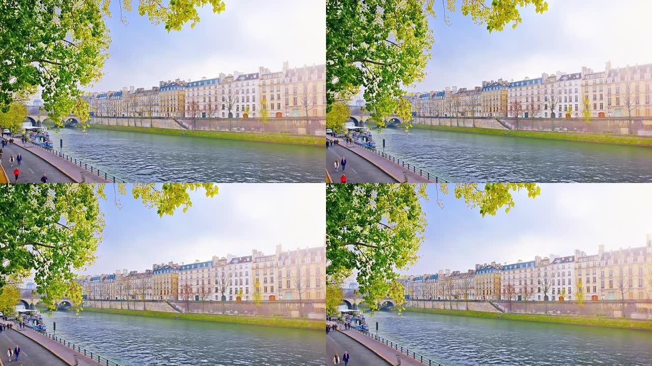 巴黎。树。冷静的巴黎。河。春天的树。旧住宅区。晨间运动